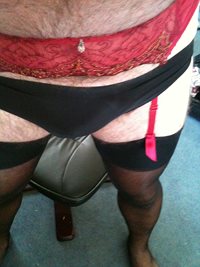 me in stockings and suspenders wearing my wifes black work out panties, fee...