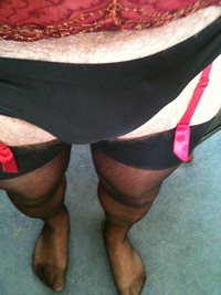 me in stockings and suspenders wearing my wifes black work out panties, fee...