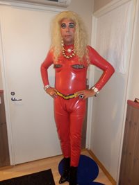 A red latex catsuit