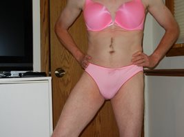 Wearing VS nylon bikini panties and bombshell bra. Love this pink color.