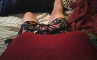 My feminine shorts n red cami with big tits, my view makes me hard