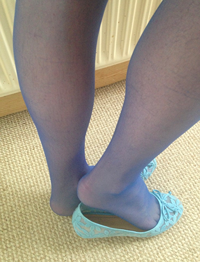 In sexy blue stockings and flats ,so horny wearing these