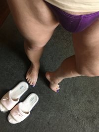 Painted toes, slippers, hairless legs and thong, hope you like.,