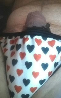 Heart print panty of wifes, too small to hold my hard dick
