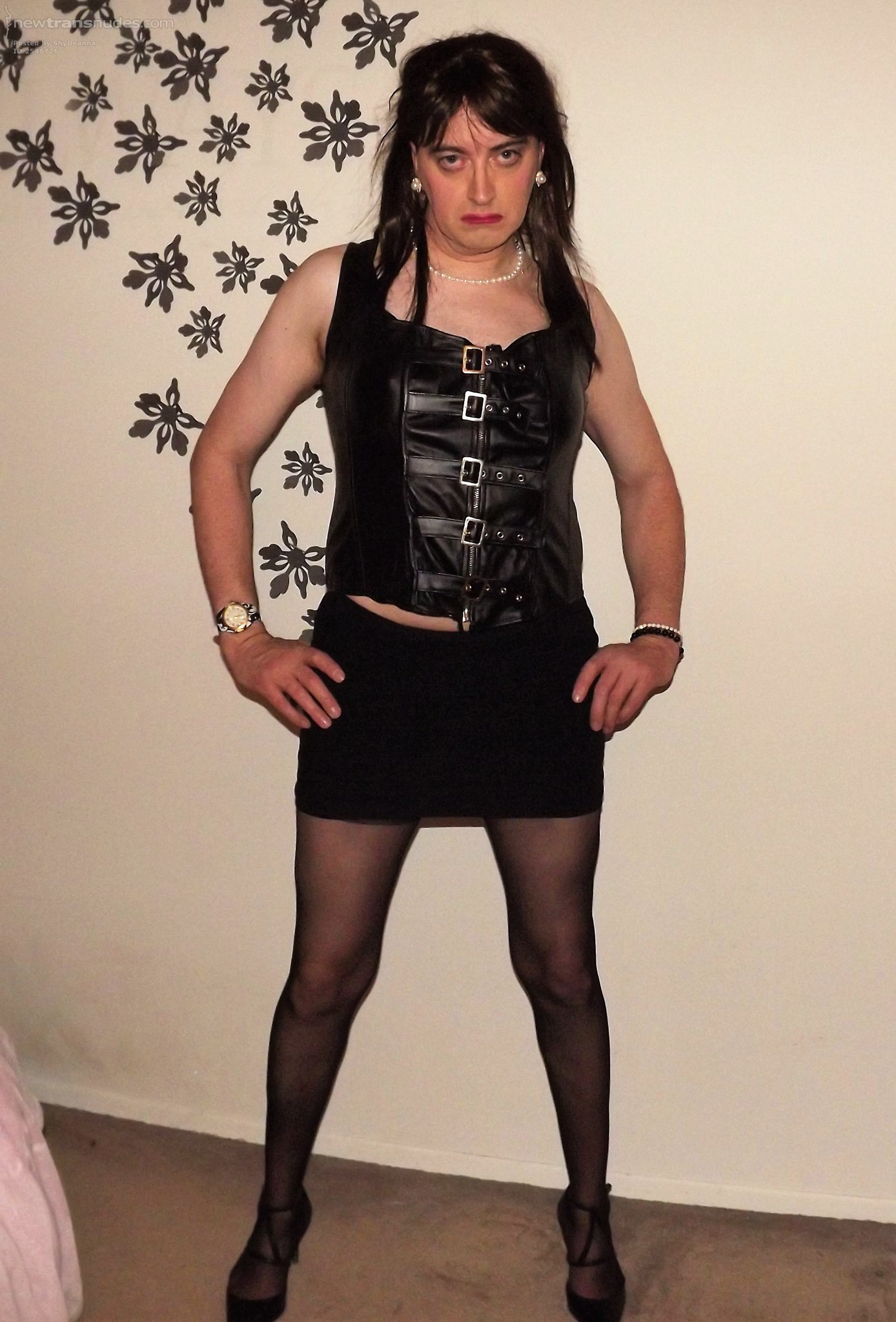 My favorite skirt, crotch-less panties, and my leather corset. If you meet ...