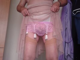 Purple Bra n Panties, Chapagne Stockings and See Through Skirt