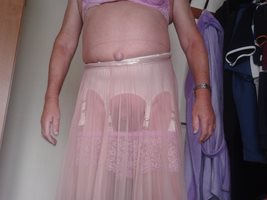 Purple Bra n Panties, Chapagne Stockings and See Through Skirt