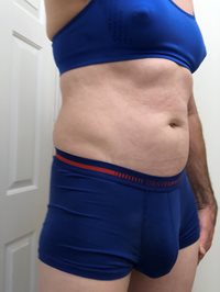 Matching sports bra and boy short panties with my brand new breast enhancer...