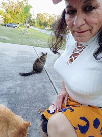 This gurl loves to show off her huge tits! Me with my feral cat family.