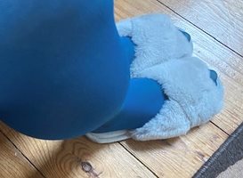Blue nylons in fluffy slippers