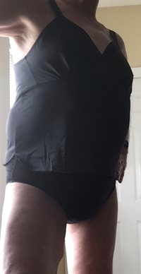 Black camisole and black hipster panties.