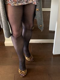 Black seamless pantyhose with leopard spot heels.  A sexy combo.