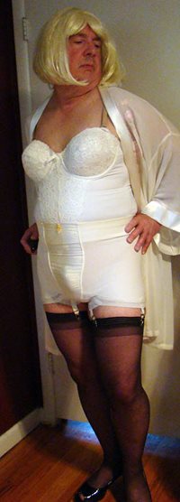Long line bra and Sears gartered girdle brief.  Adding a sheer robe and lon...