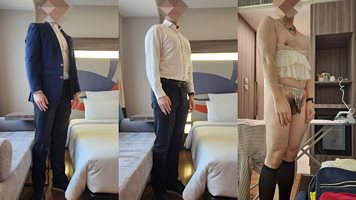 Strip from my business attire into a see through lace thong in a hotel room