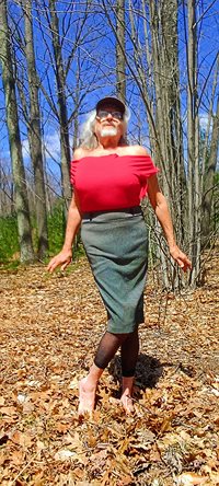 red with nylons and a tight skirt