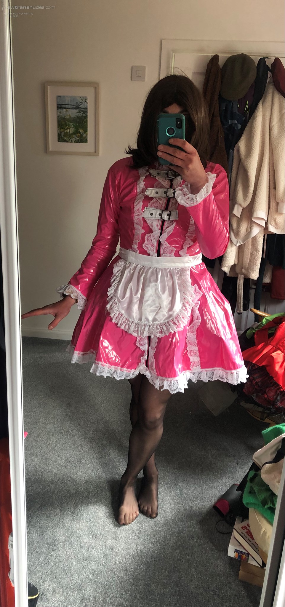 Loving my wipe clean pvc buckle maids dress! Who fancies locking me in it! ...