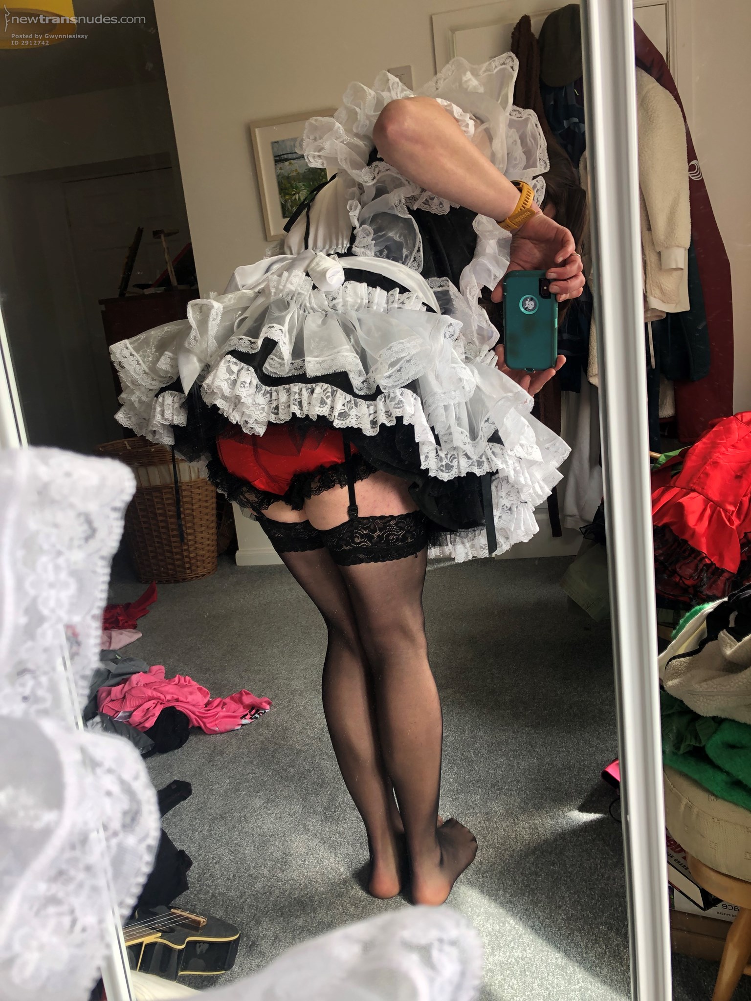 Is red lingerie with my white sissy maids dress too slutty?!? Xx