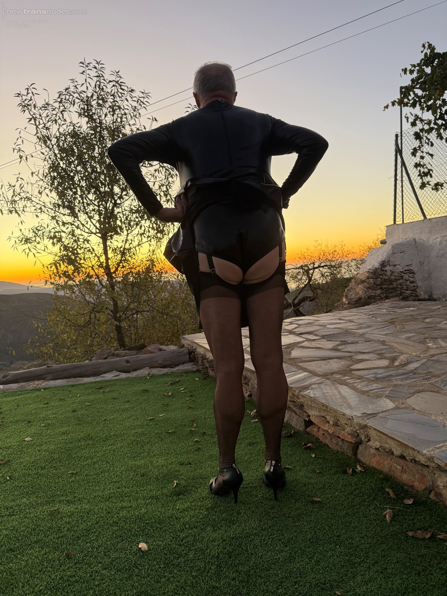 New shiny dress with stockings and heels. 12 strap suspender belt holding u...