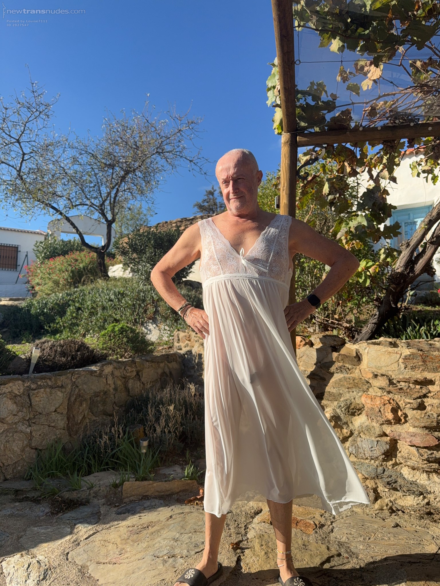 Outside in my sheer white nightie