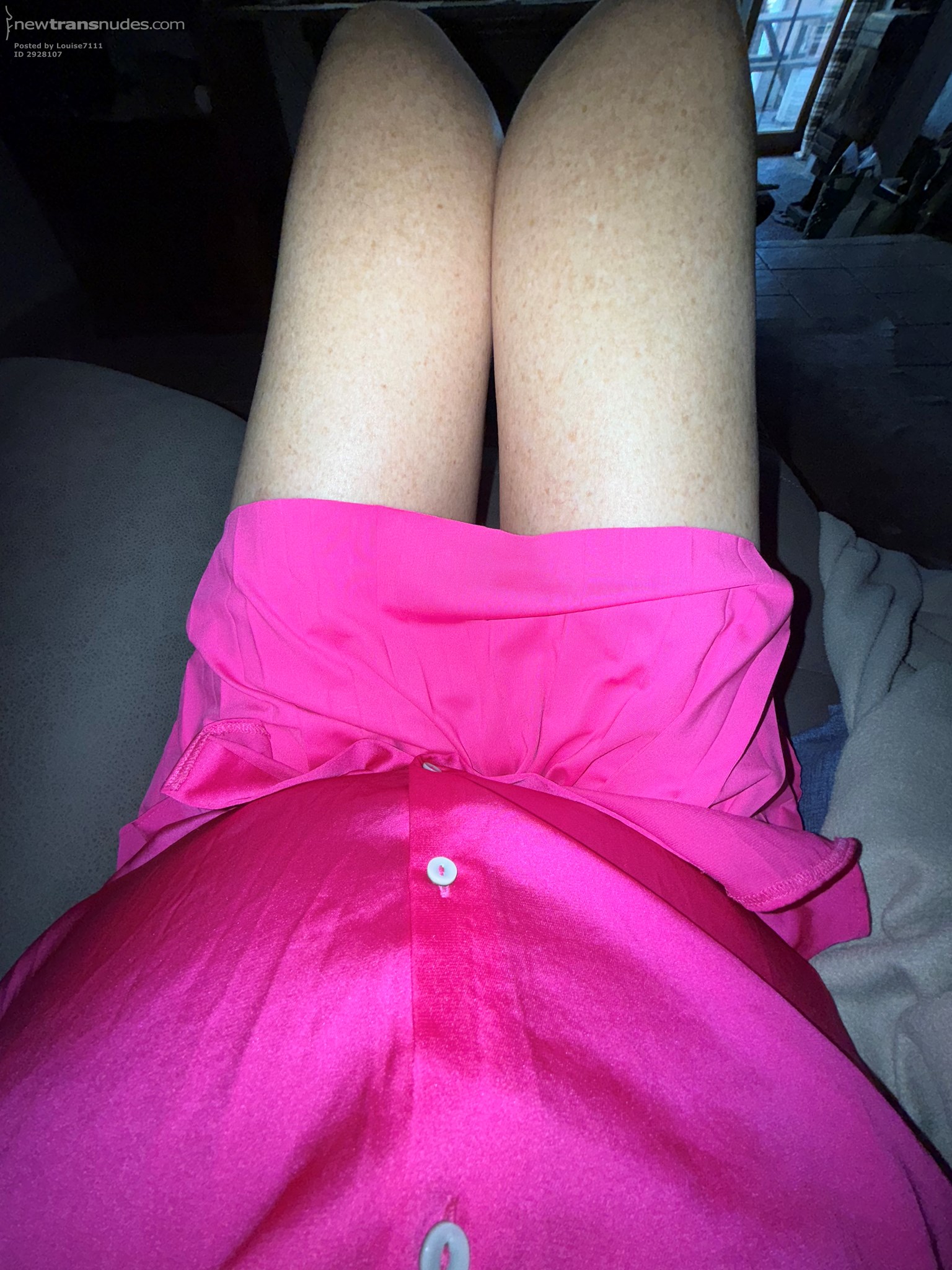 Cute little pink blouse and little pink pleated skirt. I wonder am I wearin...