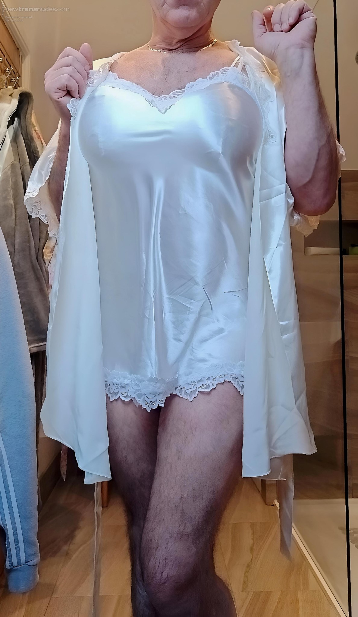 My new little satin nightie, so short!! Hardly covers my little panties!!