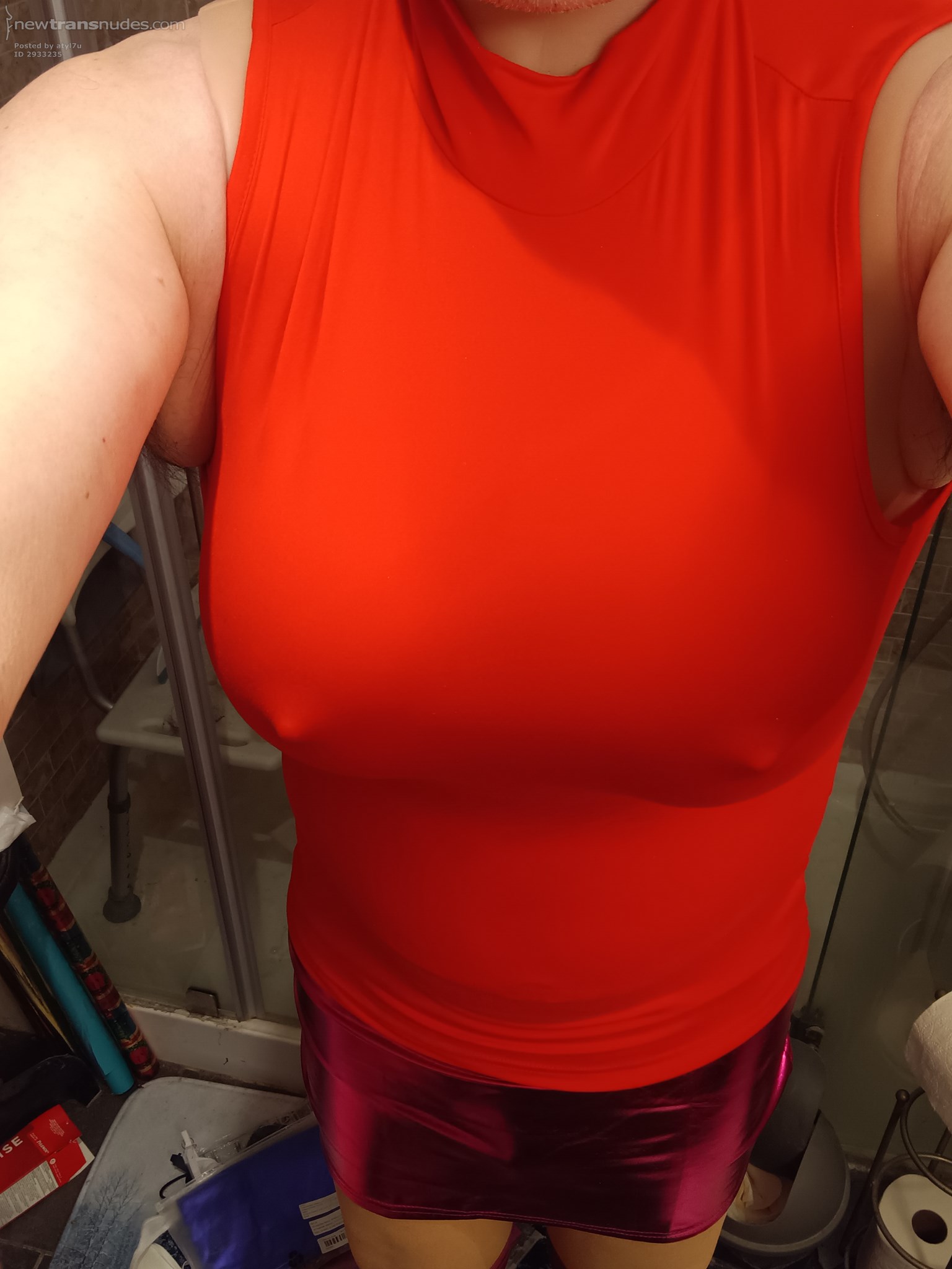 red top and pink metallic skirt