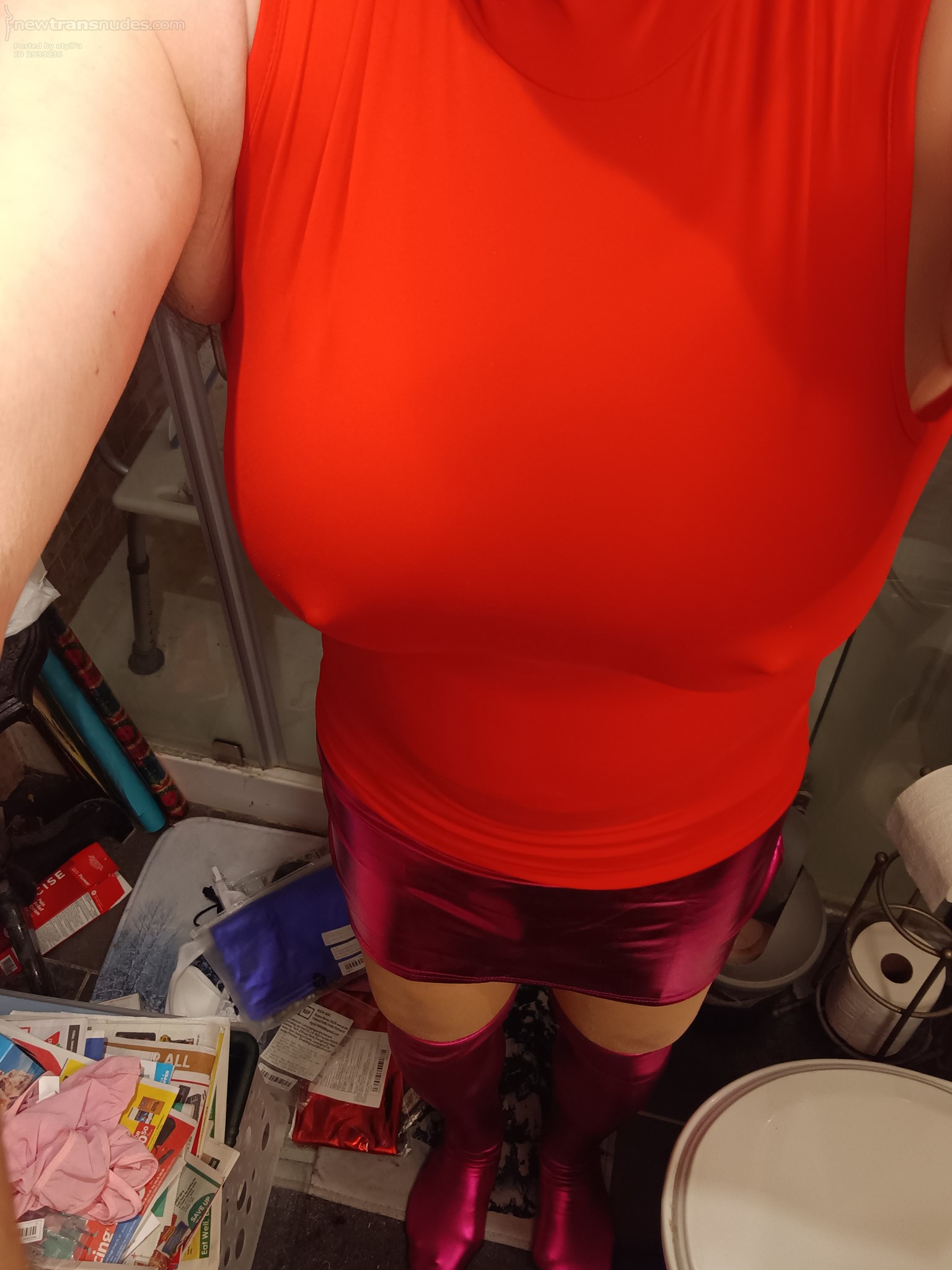 red top and pink metallic skirt