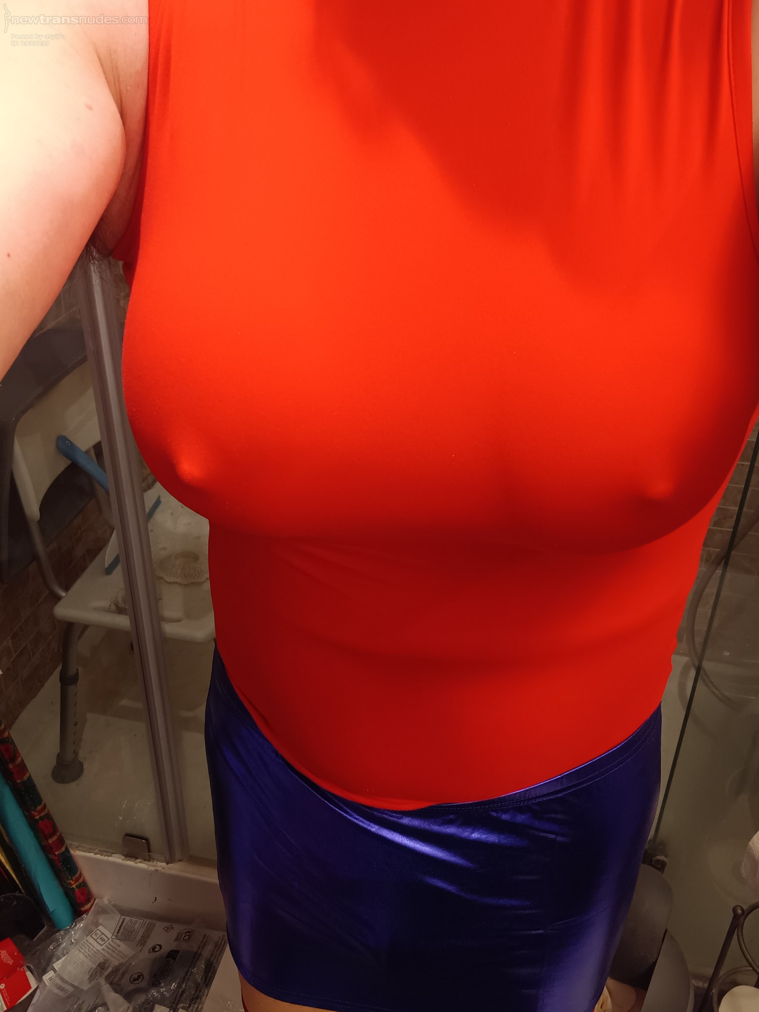 red top and blue metallic skirt