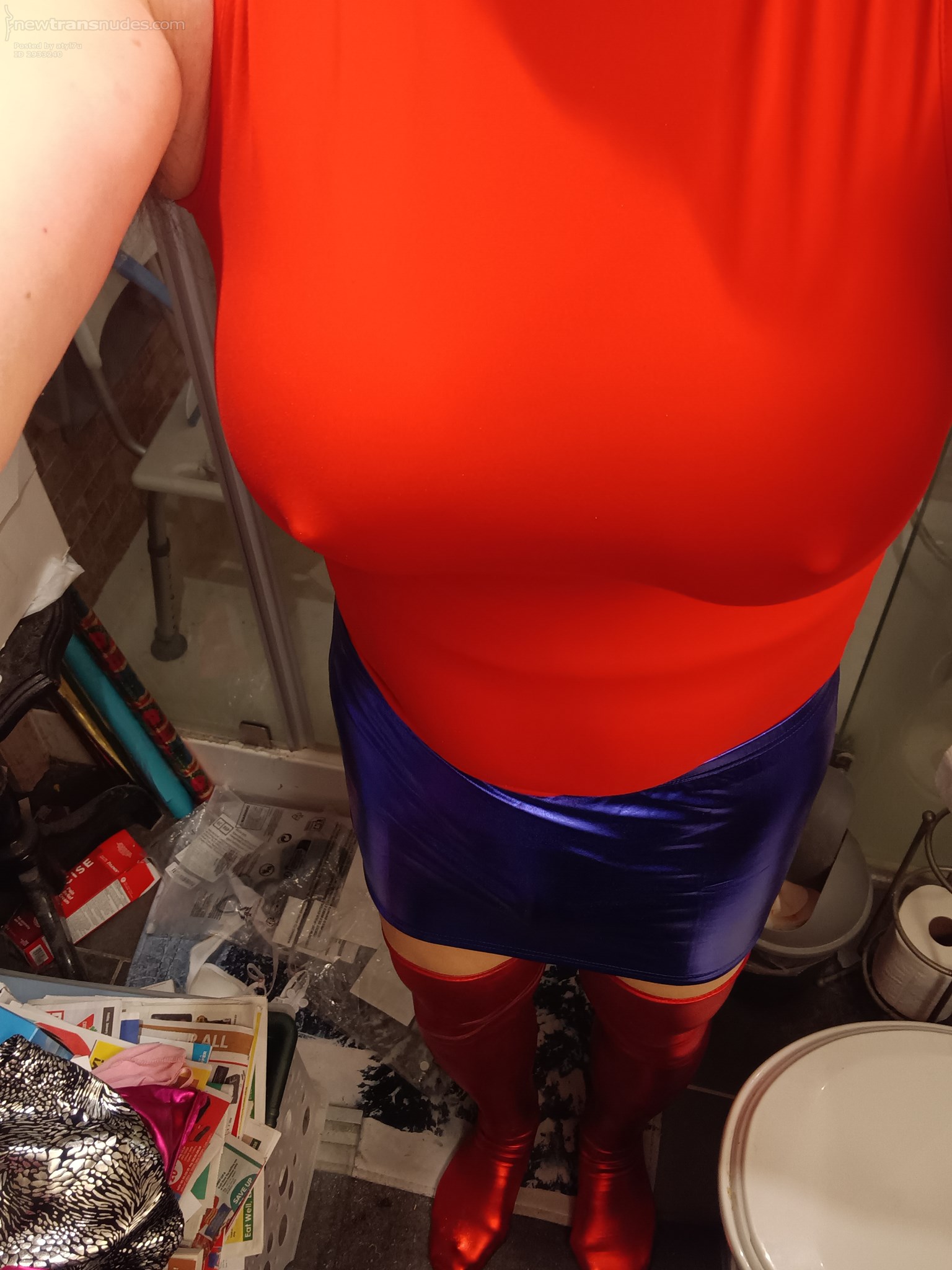 red top and blue metallic skirt