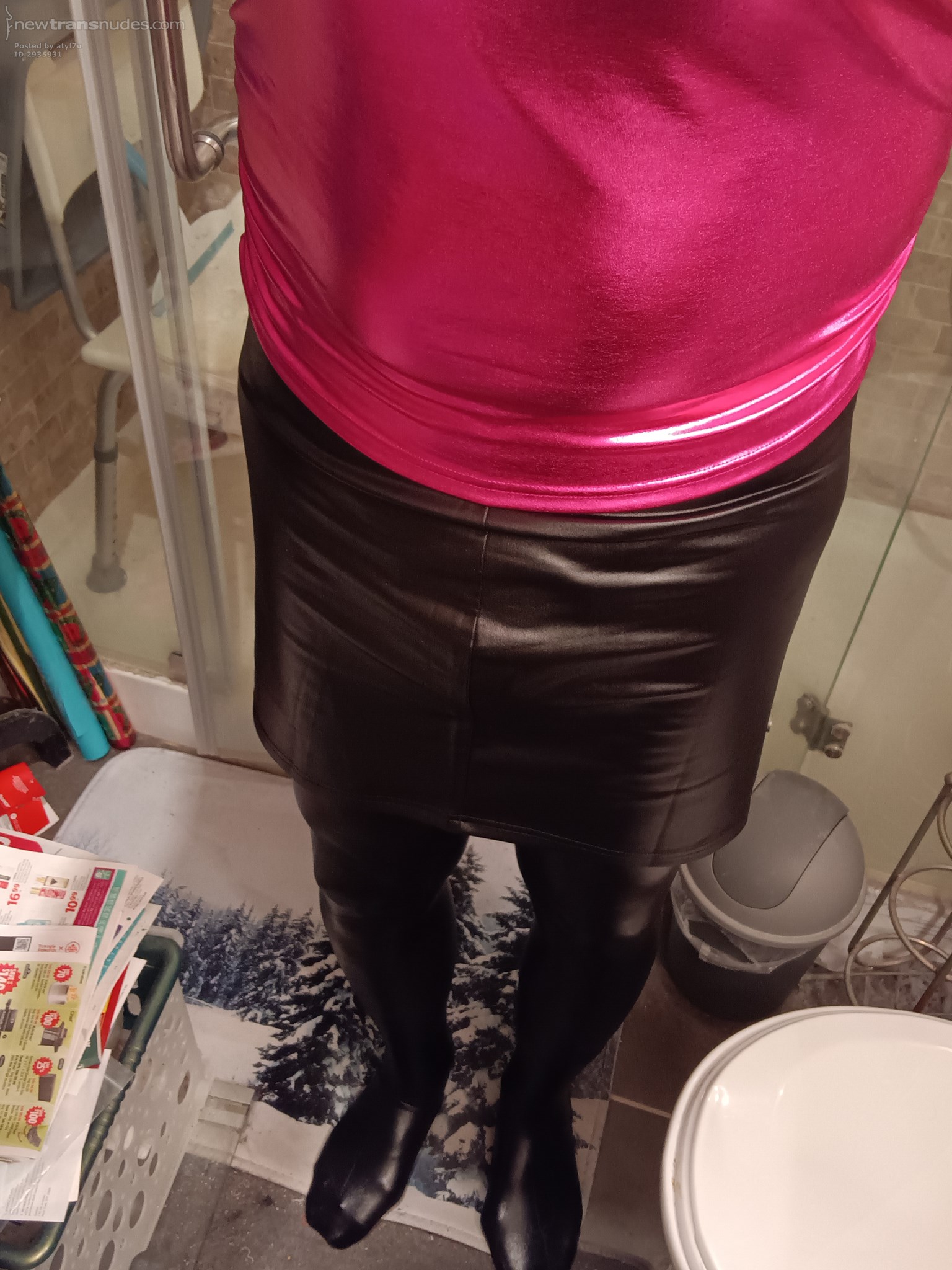 Metallic pink top and black zippered faux leather stockings