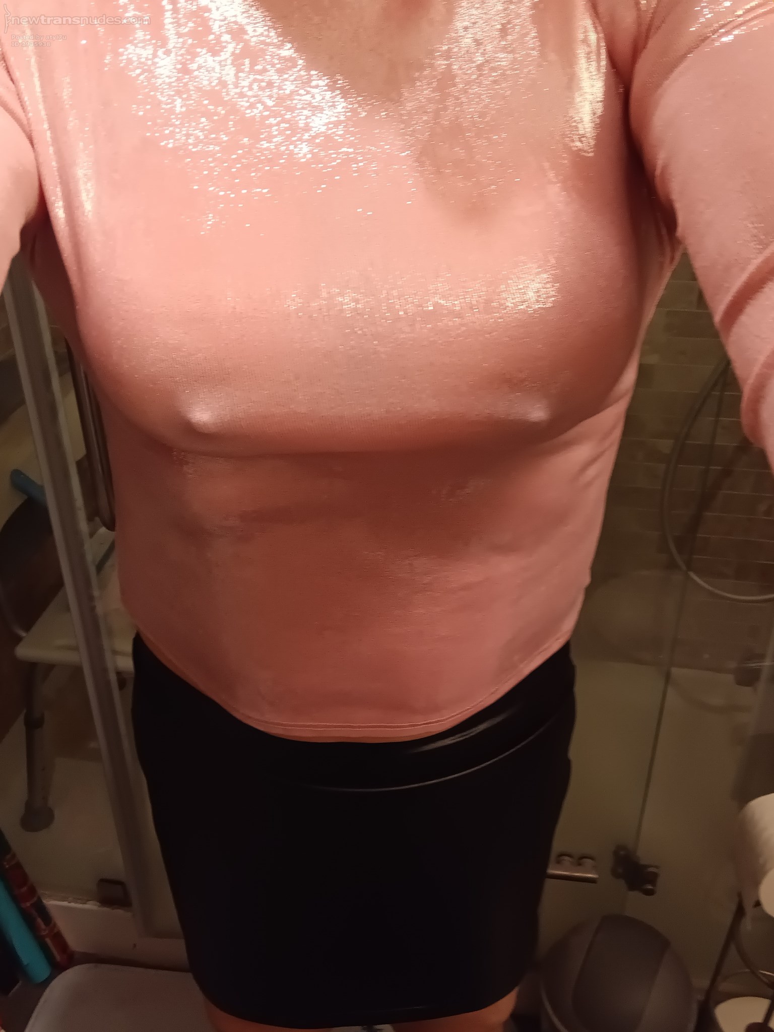 Sheer pink glitter top and miniskirt