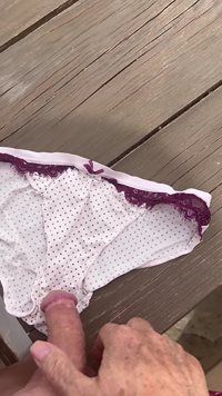 Lovely outdoor milking into cute panties. Nice load of shecream