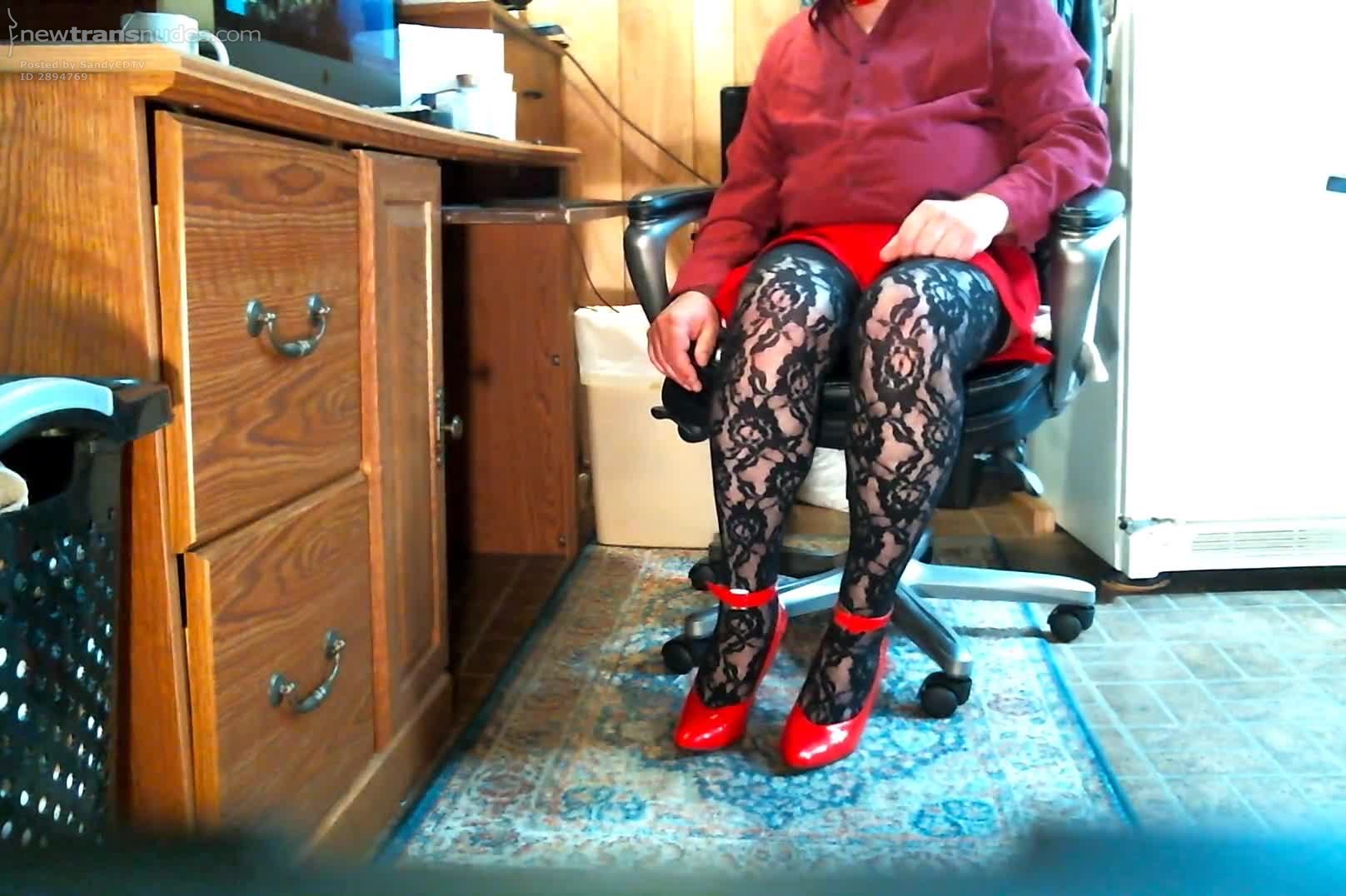 Sandy shows her black stockings