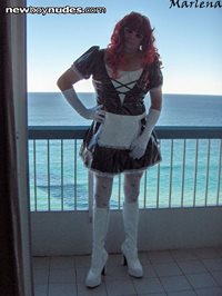 In my Maids Outfit that the Pacific Ocean in the  background.