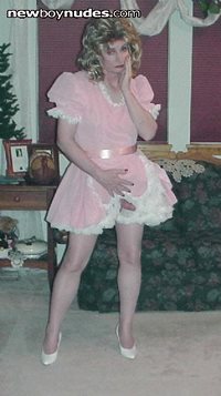 So naughty in my pink velvet maids outfit with my little dick poking out!!!...