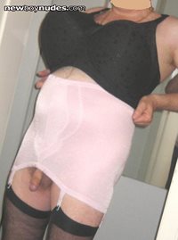 pink girdle, black big bra
