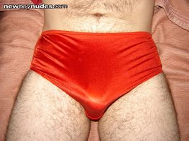 Mom's red nylon panties with lace