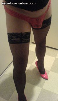 Black and Pink Lingerie with Pink High Heels