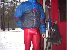 Outdoors wearing red Danskin tights.