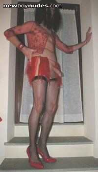 sheer red skirt and chemise
