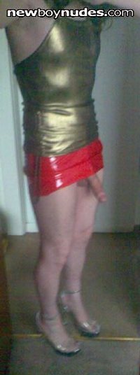 Lucy in red pvc skirt, stripper clear heels and blonde hair!!!