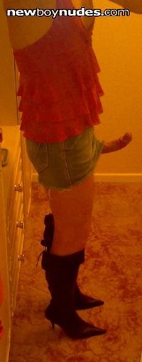 Lucy in short denim skirt, pink top and knee highs!!!