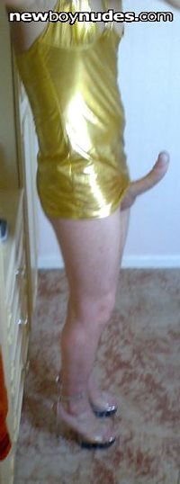 Lucy in gold lycra dress, heels and blonde hair!!!