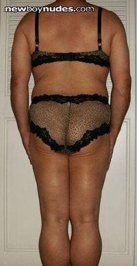 Leopard print bra & panties--rear view--do you like my ass?