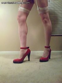 White Lingerie modeling Red Pump High Heels