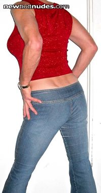 new sparkly red top and jeans