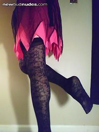 Modeling in the new outfit. Black Thigh hgh boots black lace stockings a ga...