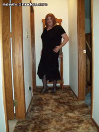 Black dress black pantyhose strappy heels