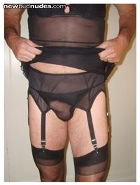 Wifes sheer nightie, my suspender belt and stockings
