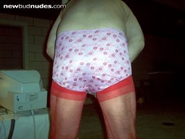 Backside of pretty panty and red back seamed hose
